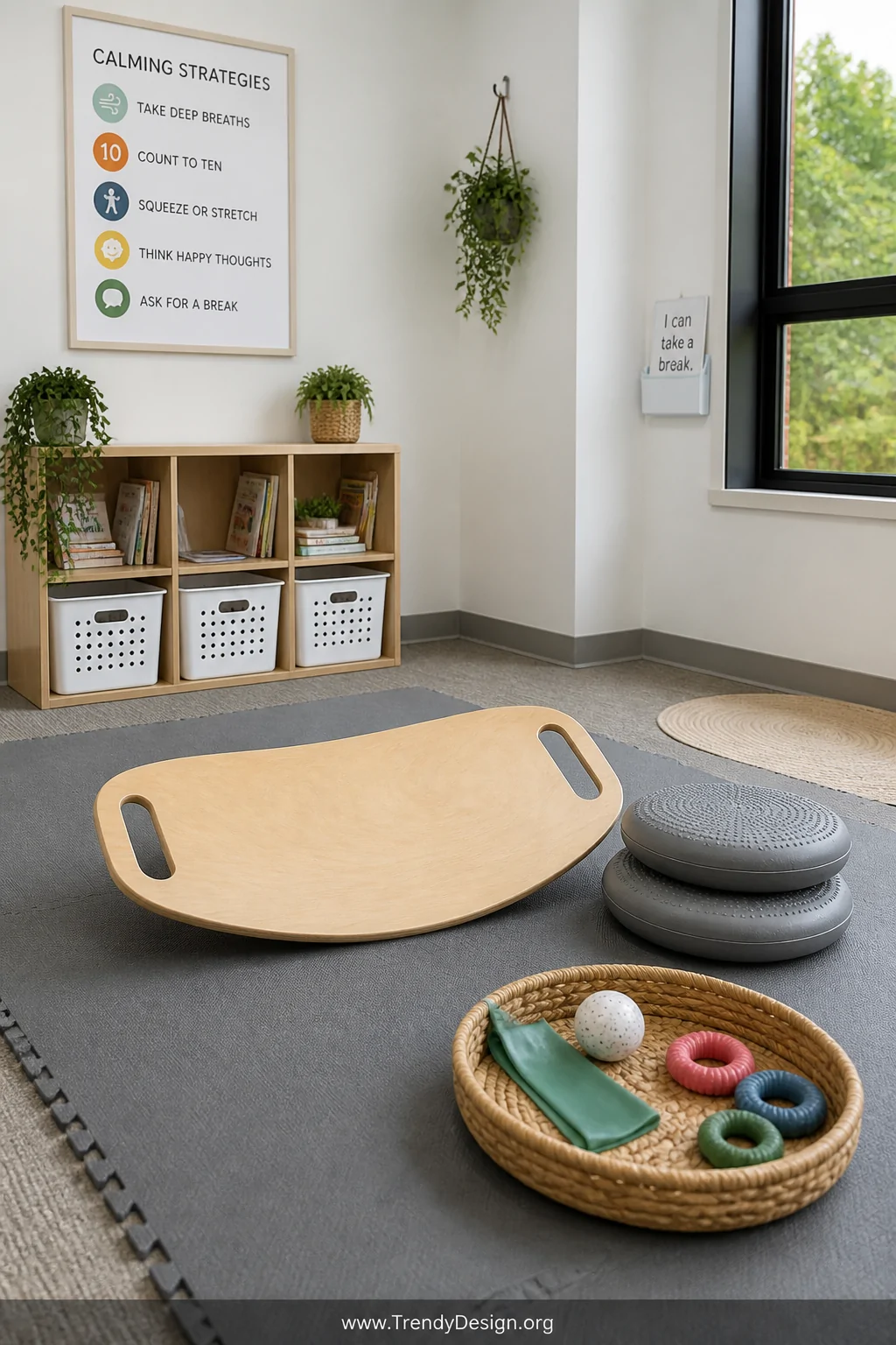 Wide photorealistic shot of a bright classroom movement corner featuring a natural wood balance board on a foam mat, two roun