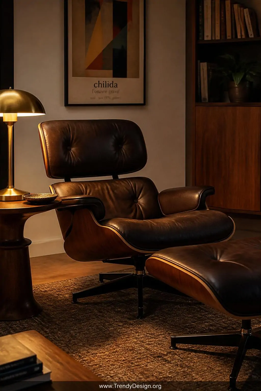 A rich dark leather Eames-inspired lounge chair and matching ottoman occupy a warm corner of a mid century modern living room