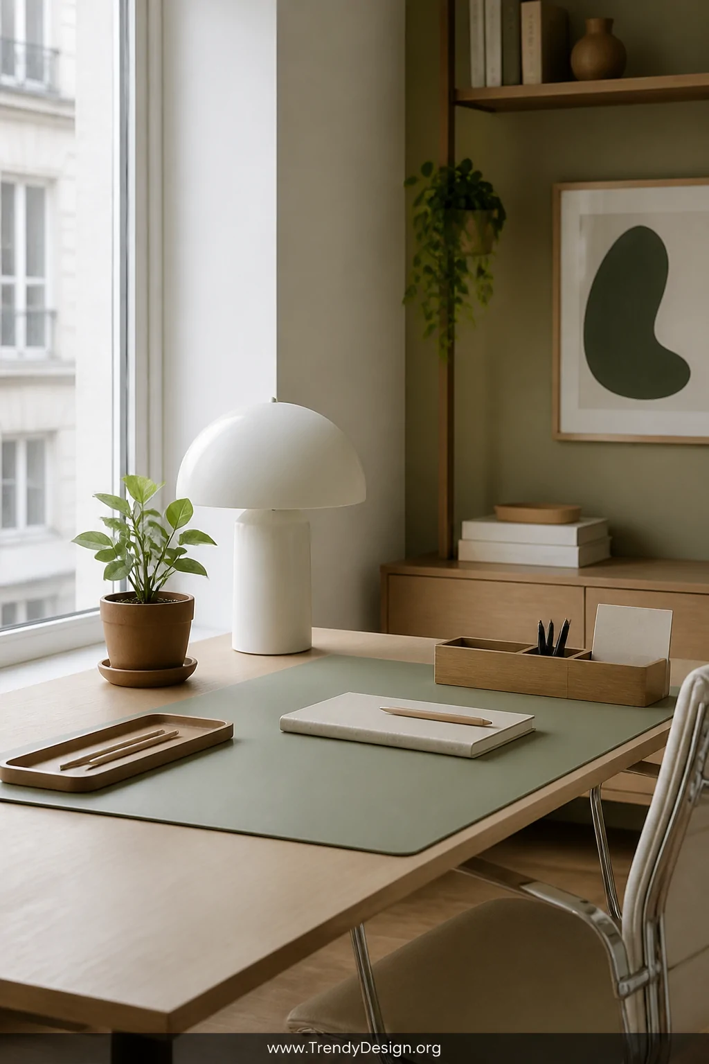 A wide shot of a serene minimalist home office with a matte dusty sage green solid color desk pad paired with natural wood ac
