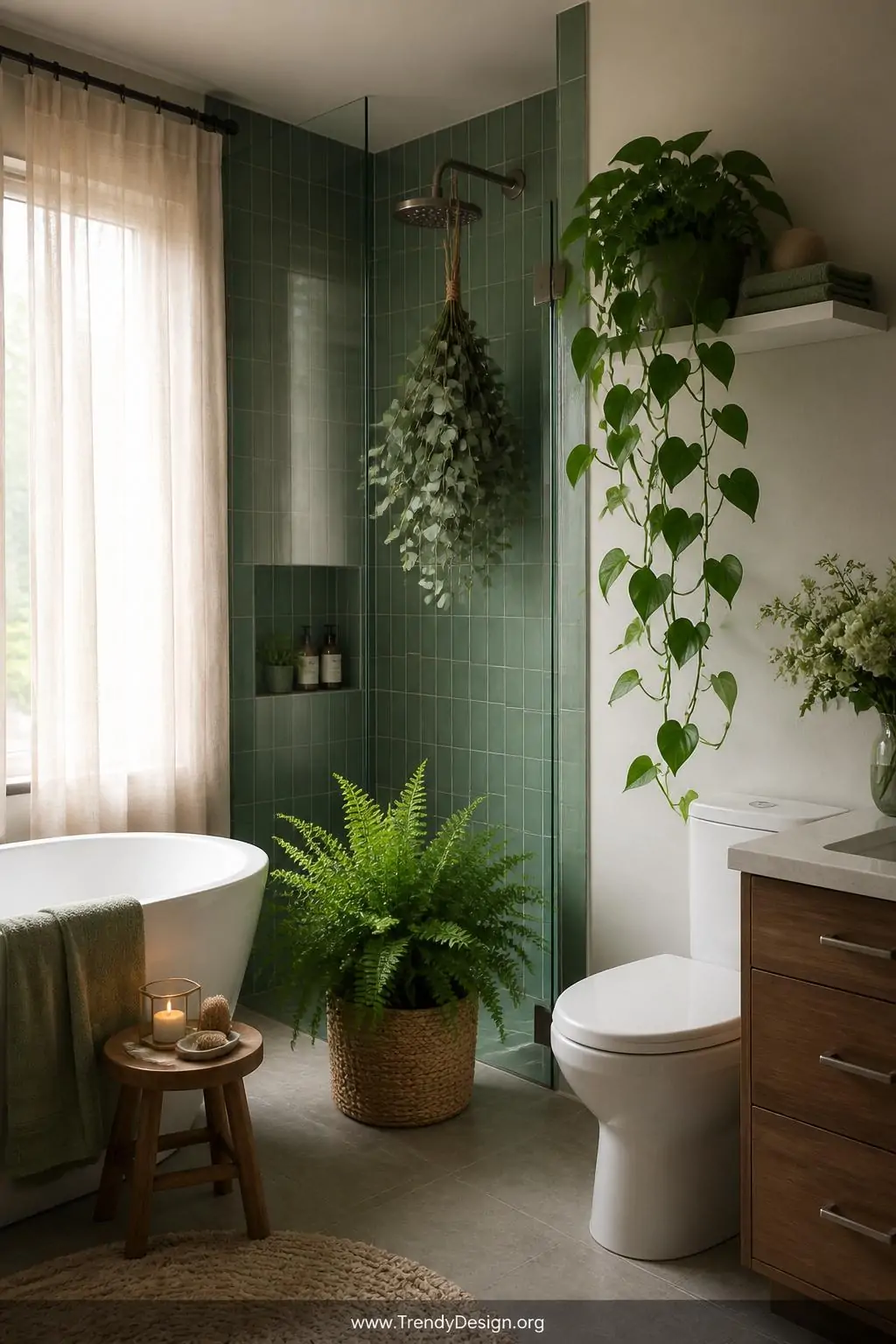 A photorealistic wide-shot spa bathroom filled with living greenery, a trailing pothos cascading from a white floating shelf 