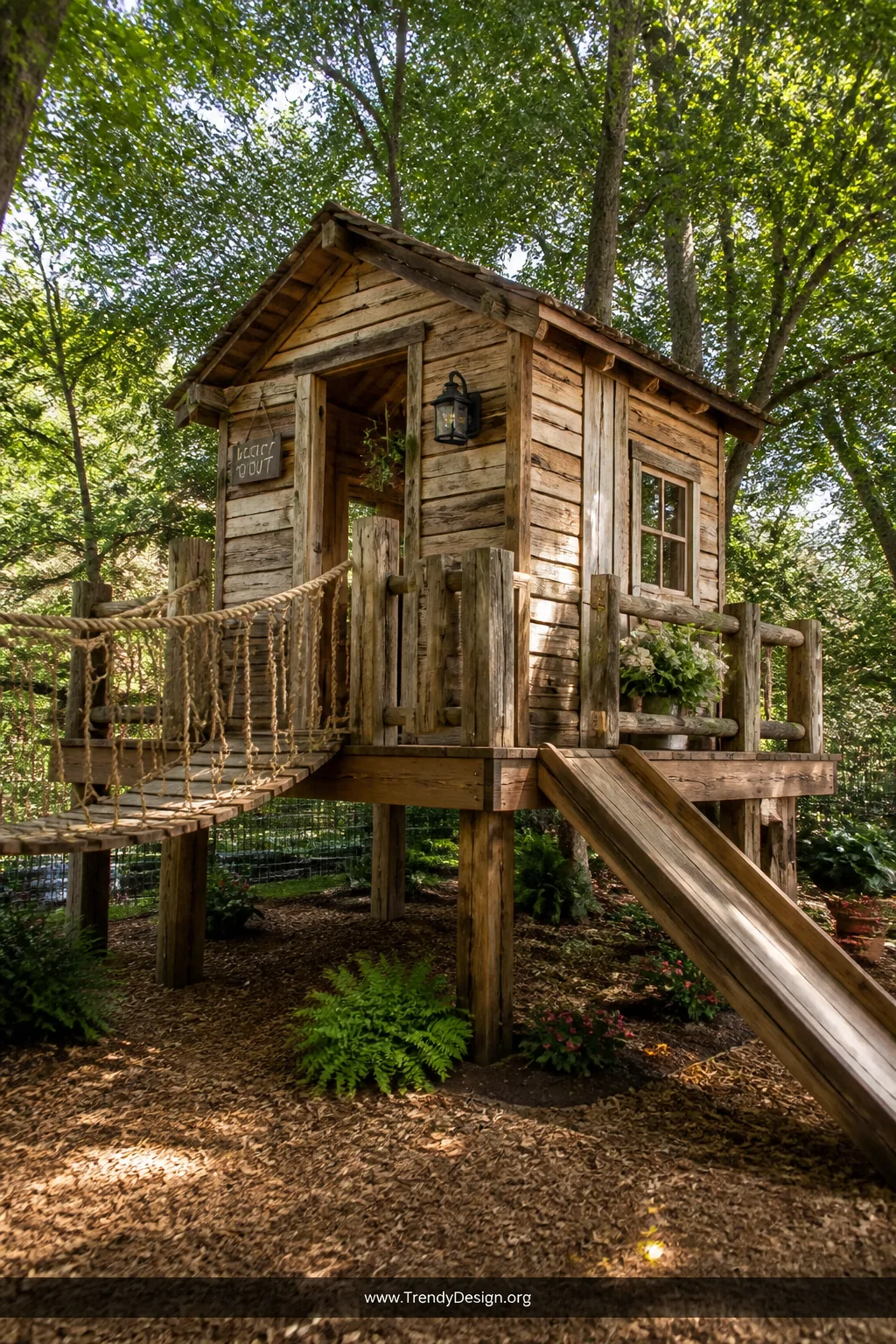 Wide exterior shot of a rustic cabin playhouse elevated on a rough-cut cedar deck platform approximately twenty inches off th