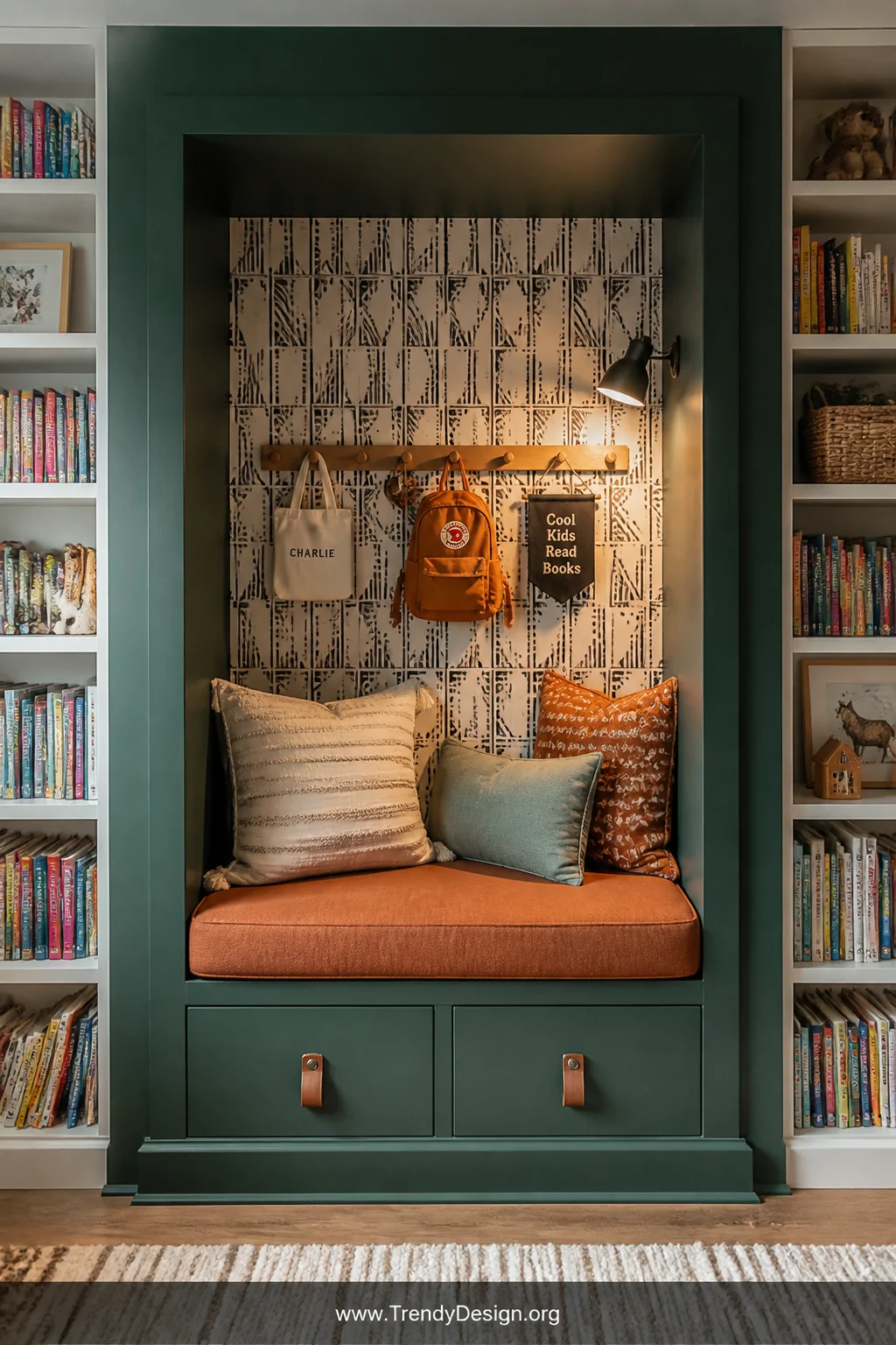 Detail-to-medium photorealistic interior shot of a DIY bookshelf frame reading nook, a large painted wooden rectangular frame