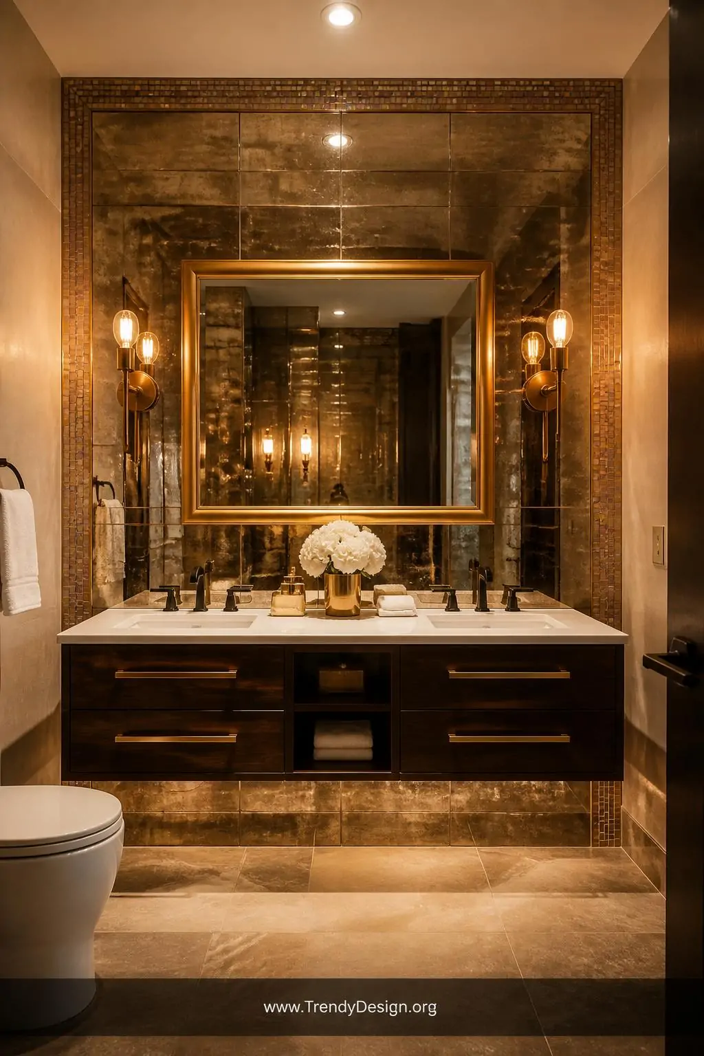 A wide photorealistic interior shot of a glamorous compact bathroom where the entire back wall behind the floating double van