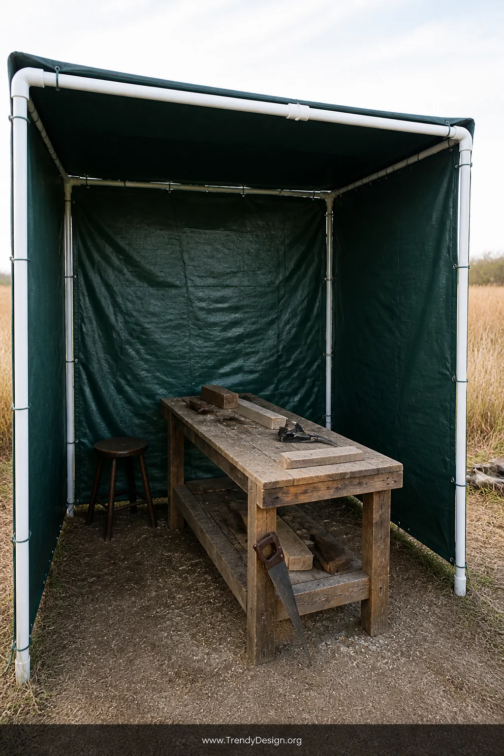 Wide outdoor shot of a three-sided portable workshop enclosure made from heavy-duty dark green tarps hung on a white PVC pipe