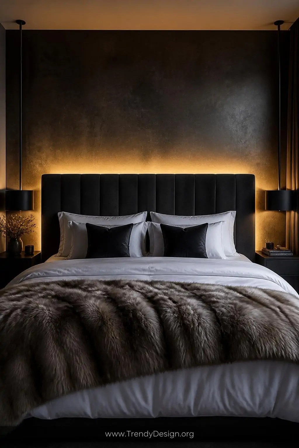 A dramatic wide angle shot captures a bed with a tall upholstered charcoal velvet headboard pushed against a dark slate wall,