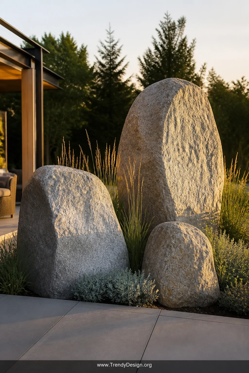 Wide photorealistic shot of three large natural granite boulders of varying heights and sizes clustered at the patio edge, th