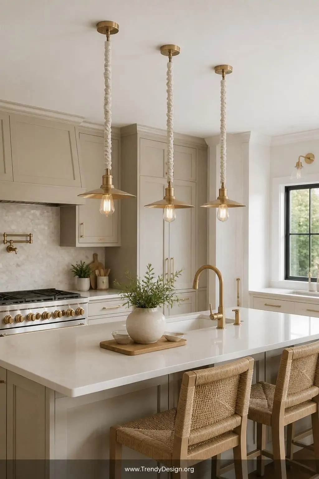 Medium photorealistic interior design shot of a bright transitional kitchen with soft greige cabinetry and quartz countertops