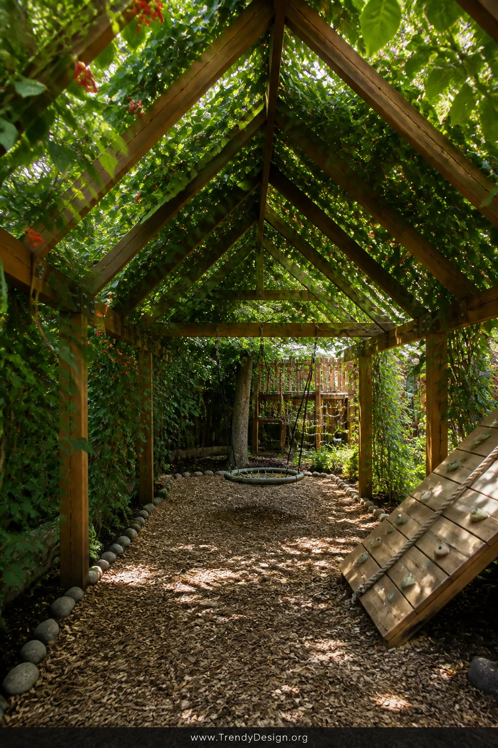 Wide photorealistic shot of a lush living shade canopy over a backyard play area, a cedar A-frame trellis structure densely c