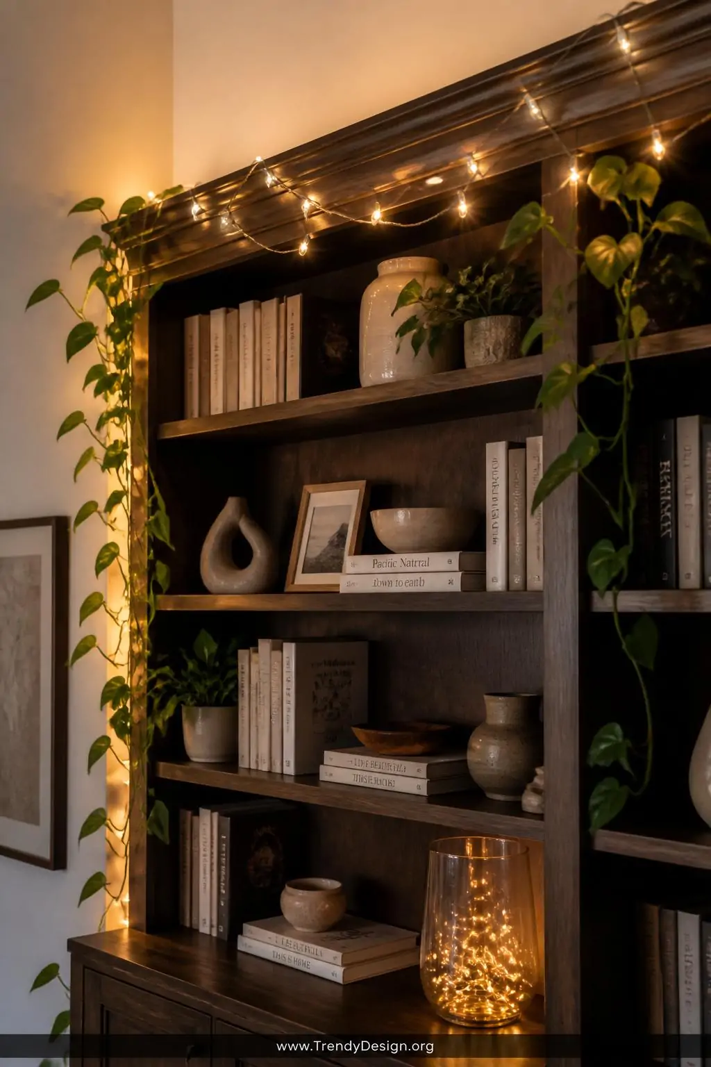 Medium shot of warm white string lights draped loosely across the top edge of a dark walnut built-in bookcase filled with sty