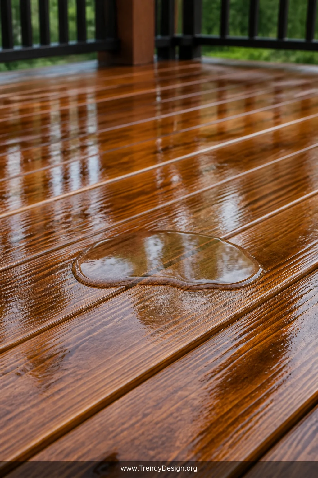 Close-up detail shot of a freshly sealed deck surface in rich amber-toned wood with a subtle color-enhancing toner, the high-