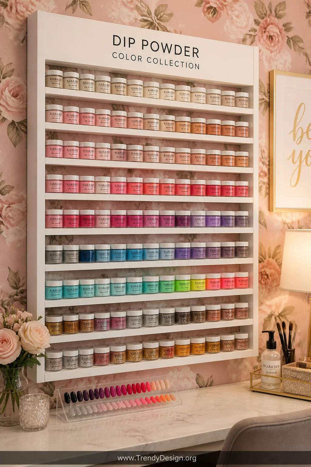 A medium shot of a dedicated nail corner featuring a large wall-mounted white salon display rack holding dozens of dip powder
