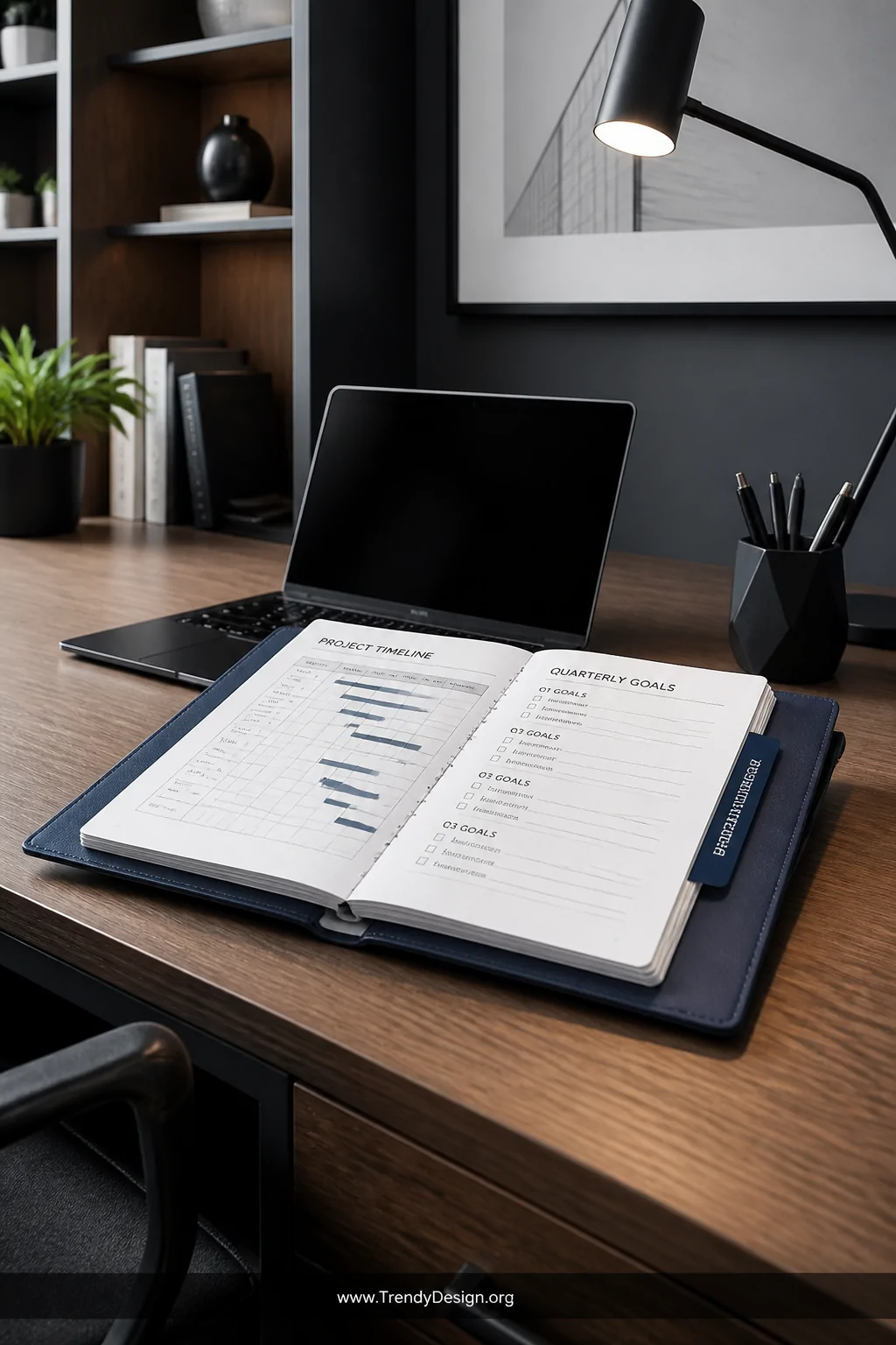 A medium shot of a sleek home office desk in charcoal and natural oak showing an open planner with a professional career tab 