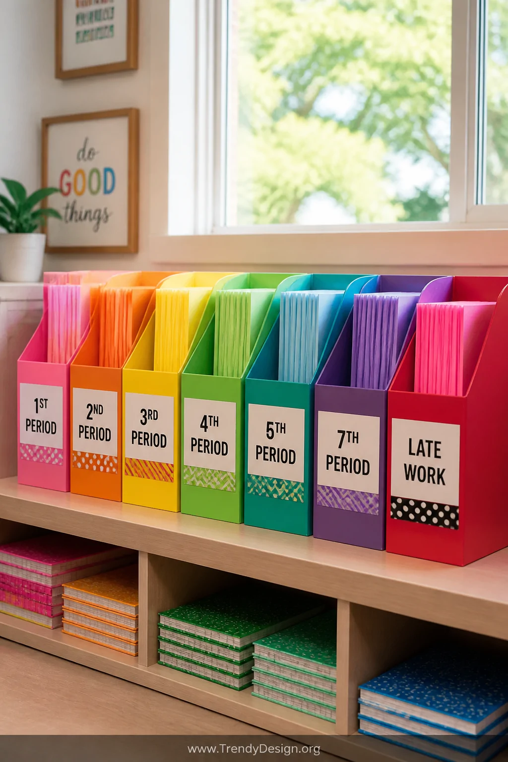 Medium shot of a colorful multi-slot desktop caddy system lined up on a low classroom shelf, each individual bin labeled with