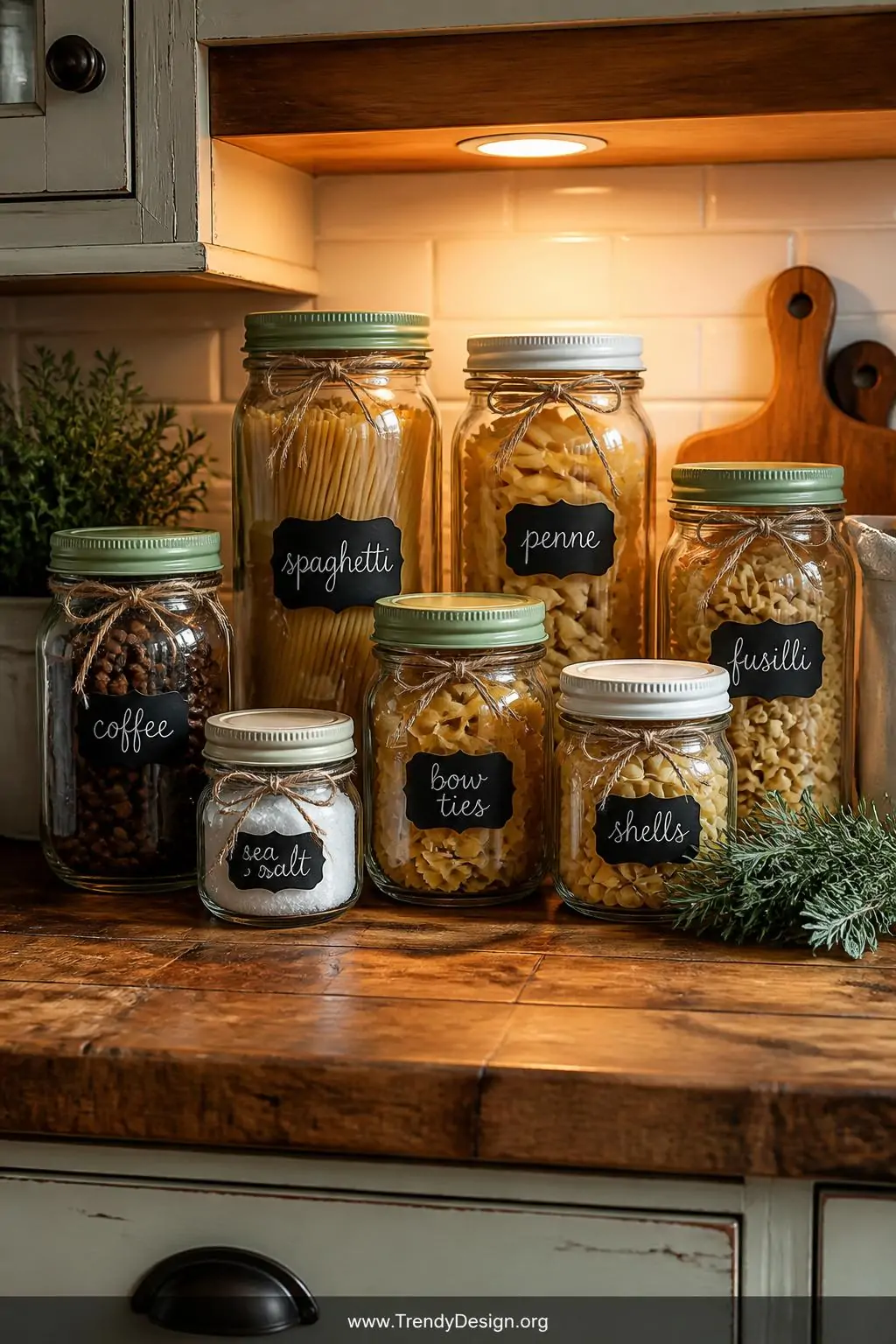 A wide styled kitchen countertop vignette featuring a coordinated set of upcycled glass mason jars and pasta sauce jars with 