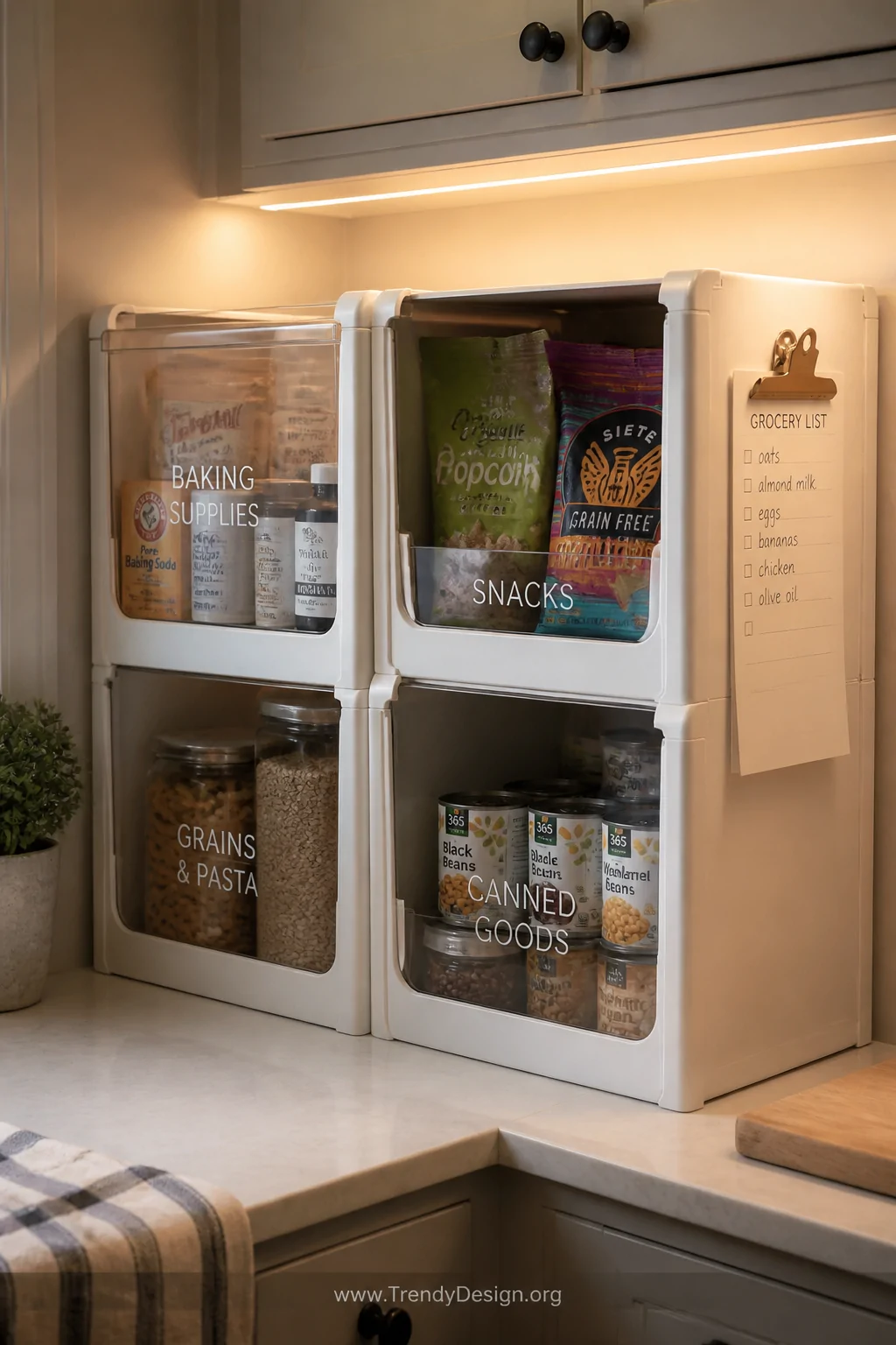 Medium closeup of a kitchen corner pantry overflow station featuring transparent and open-front stacking bins organized by fo