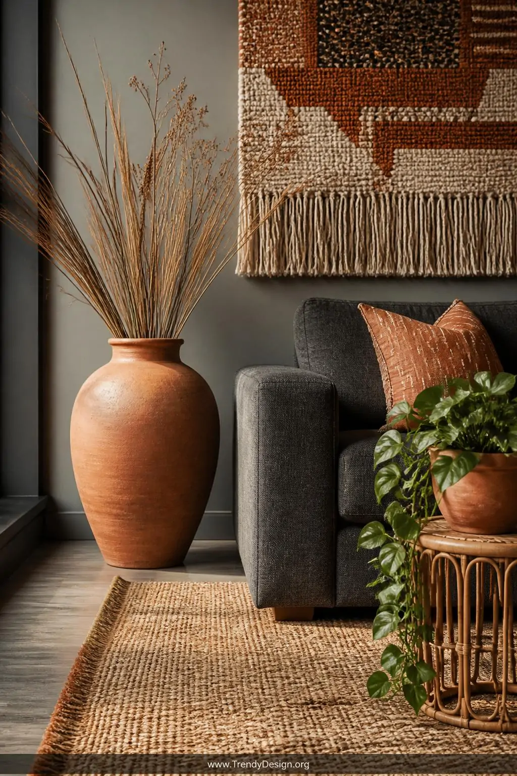 Closeup photorealistic interior detail shot capturing a richly layered boho-modern vignette in a grey living room, focusing o