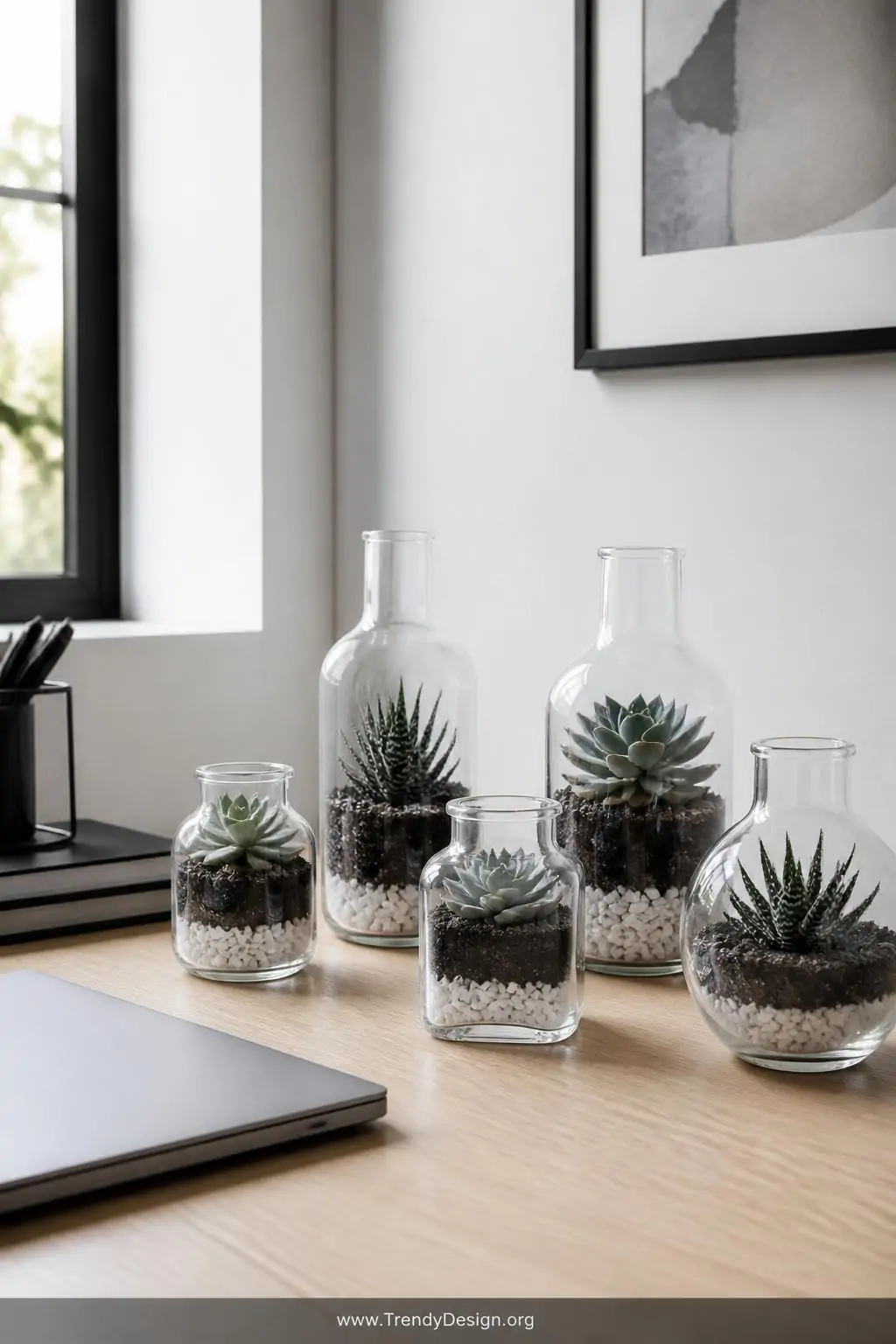 Wide shot of a clean minimalist office desk corner displaying a collection of cut glass bottle succulent planters holding com