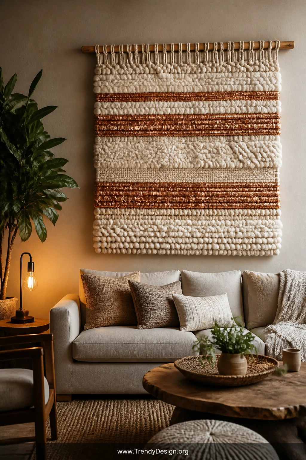 Wide shot of a cozy living room featuring a large handwoven textile wall hanging mounted above a cream linen sofa, the weavin