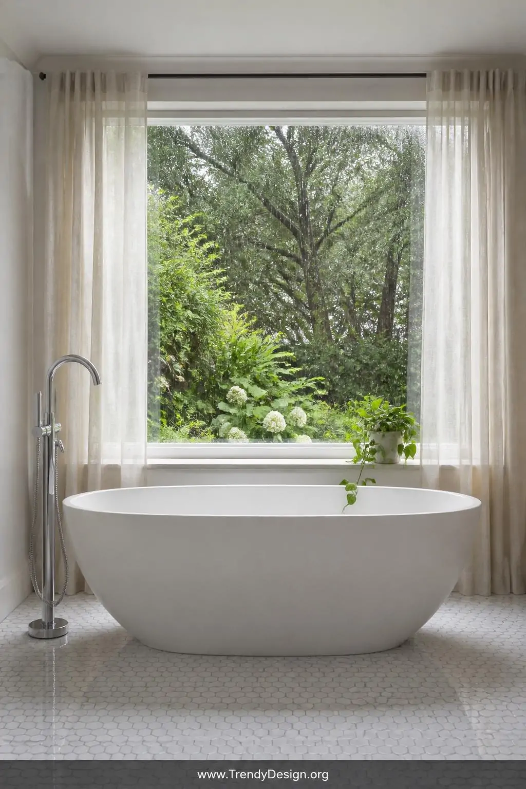 Wide shot of a bright airy bathroom with a white oval freestanding bathtub positioned directly beneath a large picture window