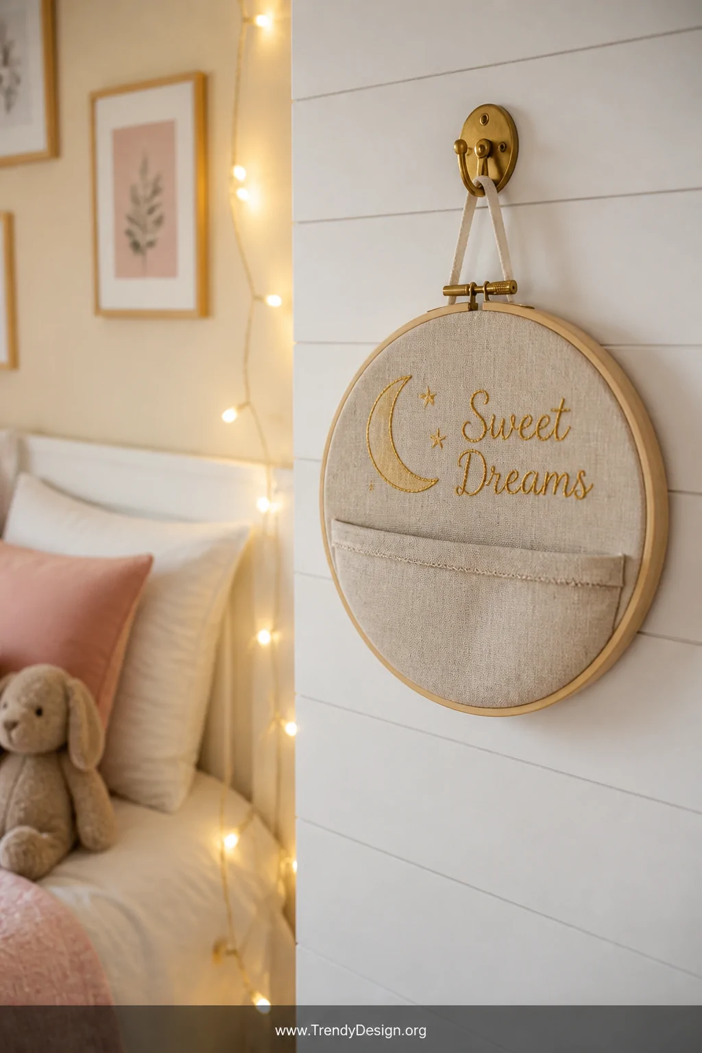Wide shot of a child's bedroom wall decorated with a small embroidery hoop pillow hung on a brass hook beside a white-painted