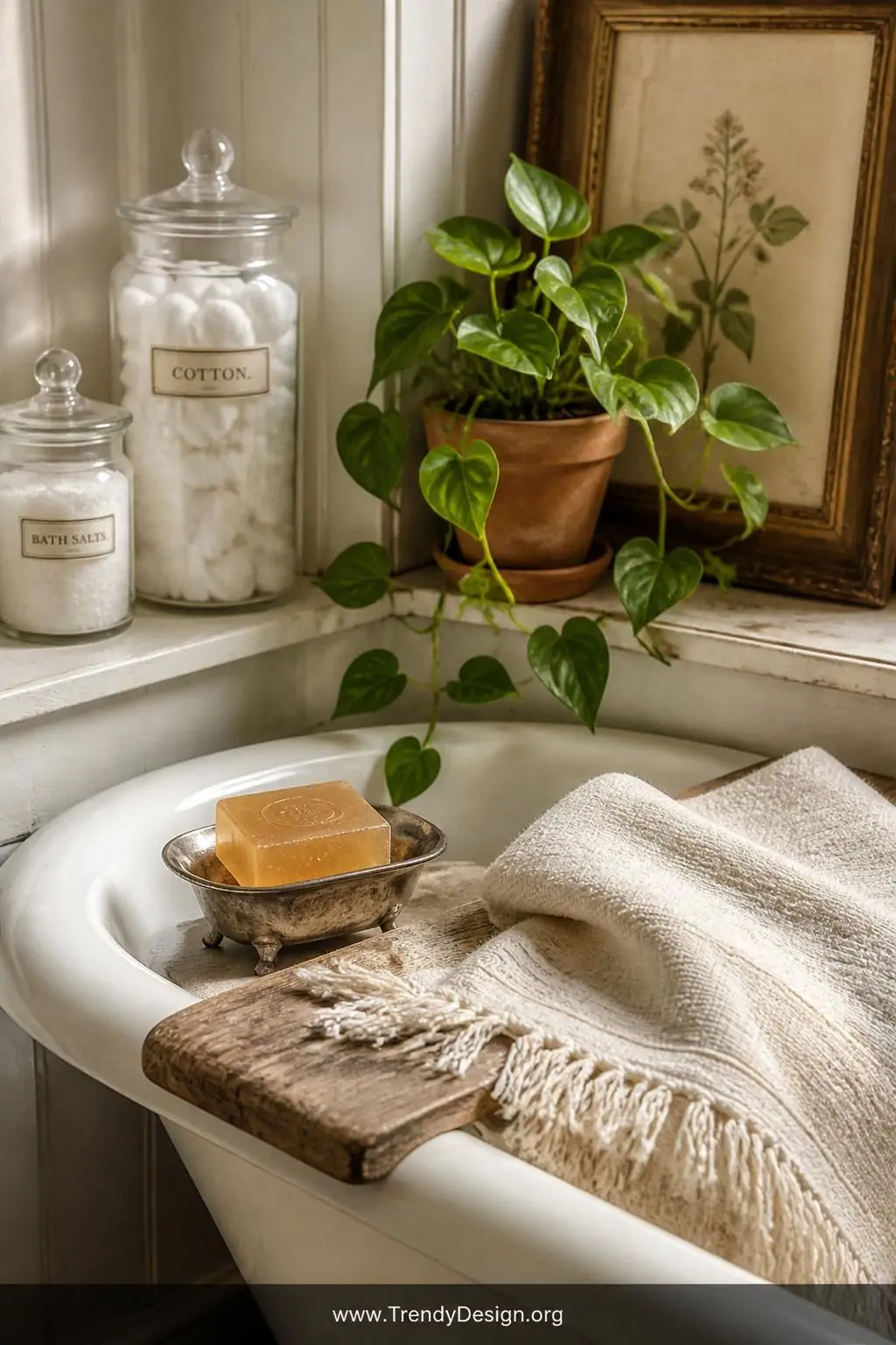 A closeup photorealistic interior design photograph of a carefully curated vintage bathroom shelf and tub surround vignette, 