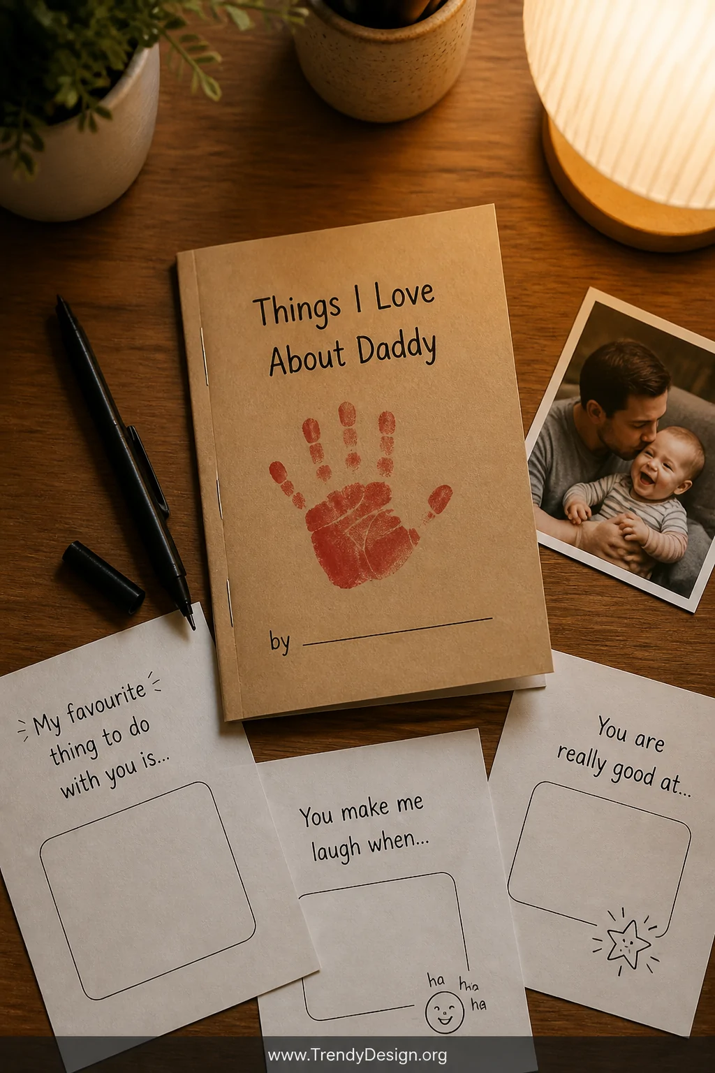 A cozy flat lay on a warm oak desk of a small hand-stapled booklet with a kraft paper cover decorated with a red baby handpri
