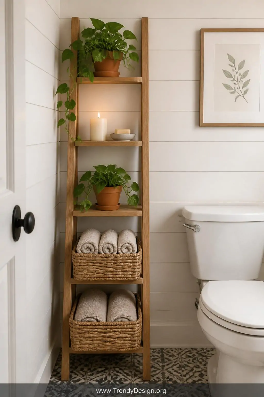 Medium shot of a narrow slim ladder shelf in natural white oak positioned beside a toilet, styled with woven rattan baskets o