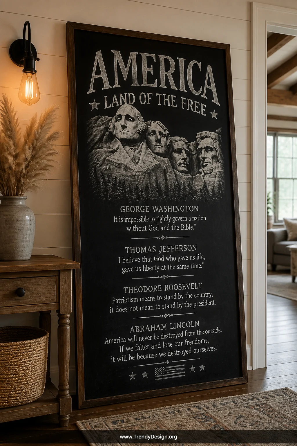 A wide entryway shot featuring a large chalkboard sign leaning casually against a shiplap wall, displaying a detailed hand-dr