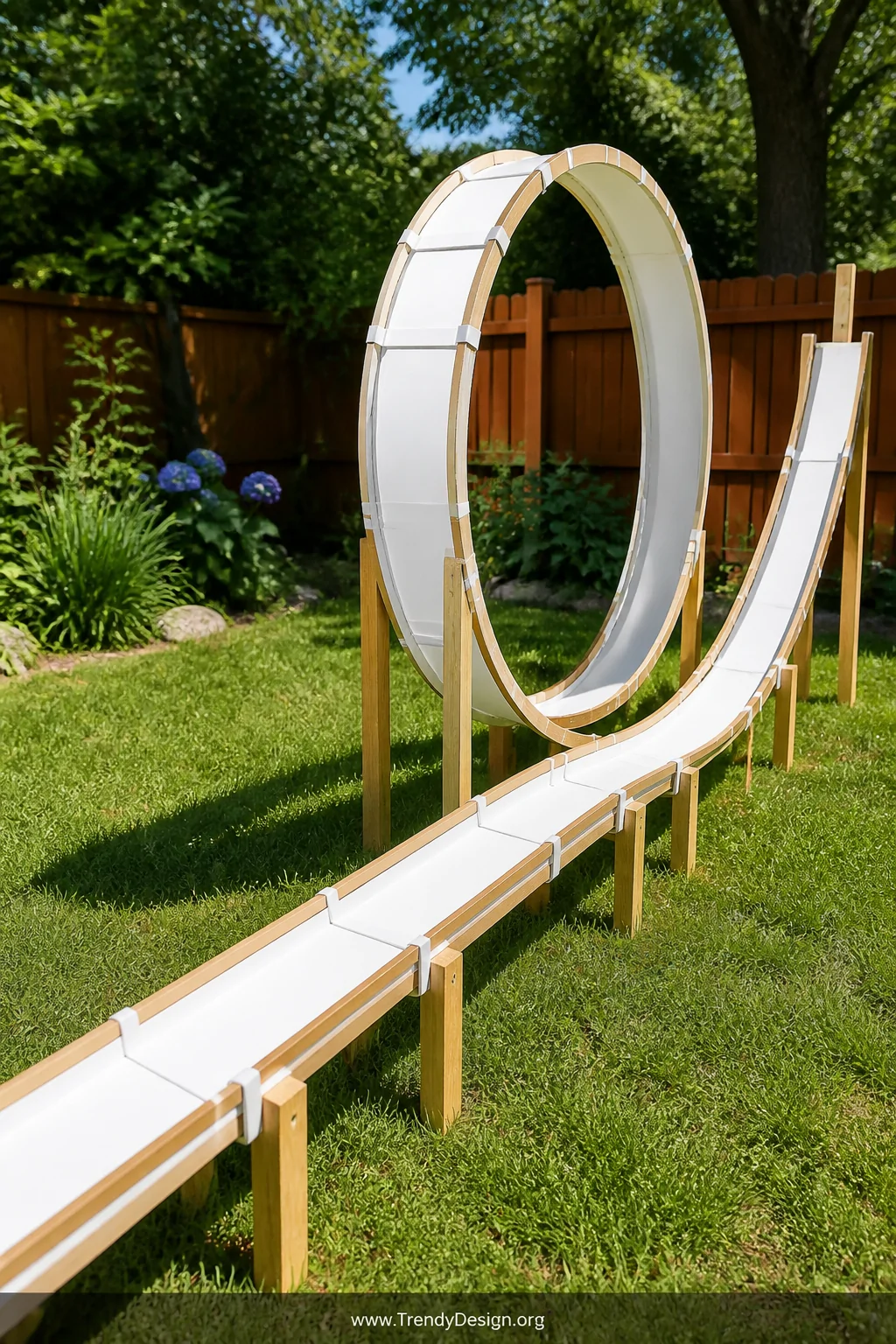 A dramatic DIY loop-the-loop backyard race track built from white half-pipe PVC sections and reinforced cardboard U-channel s