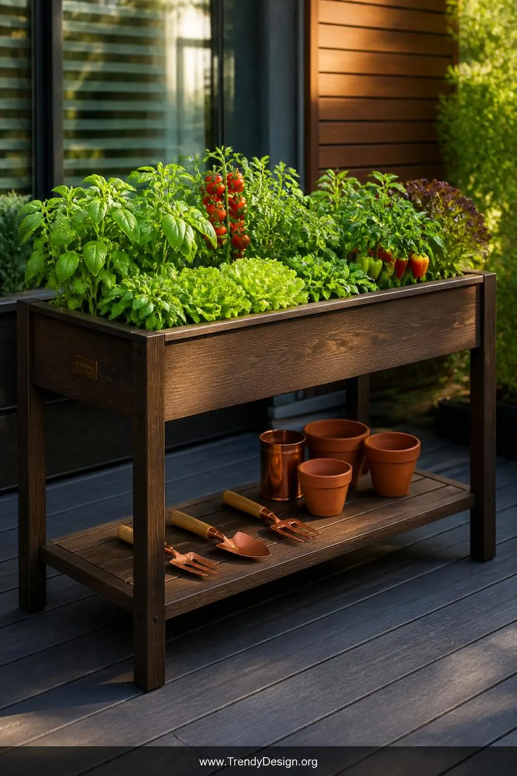 A medium photorealistic shot of a sleek waist-height raised garden bed table standing 34 inches tall with clean dark-stained 