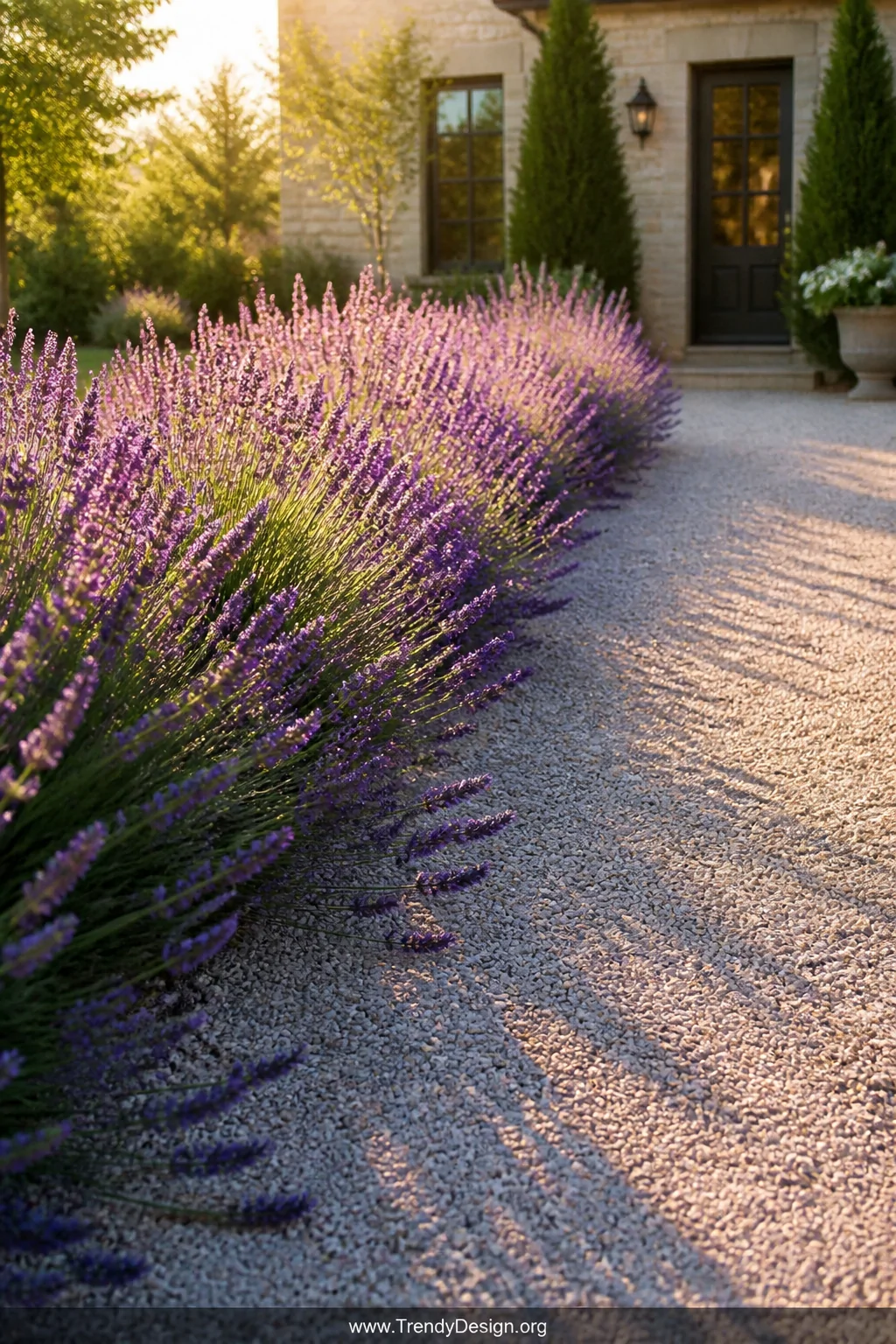 A medium shot of a lush lavender hedge border spilling slightly over the edge of a fine gravel driveway, dense purple blooms 