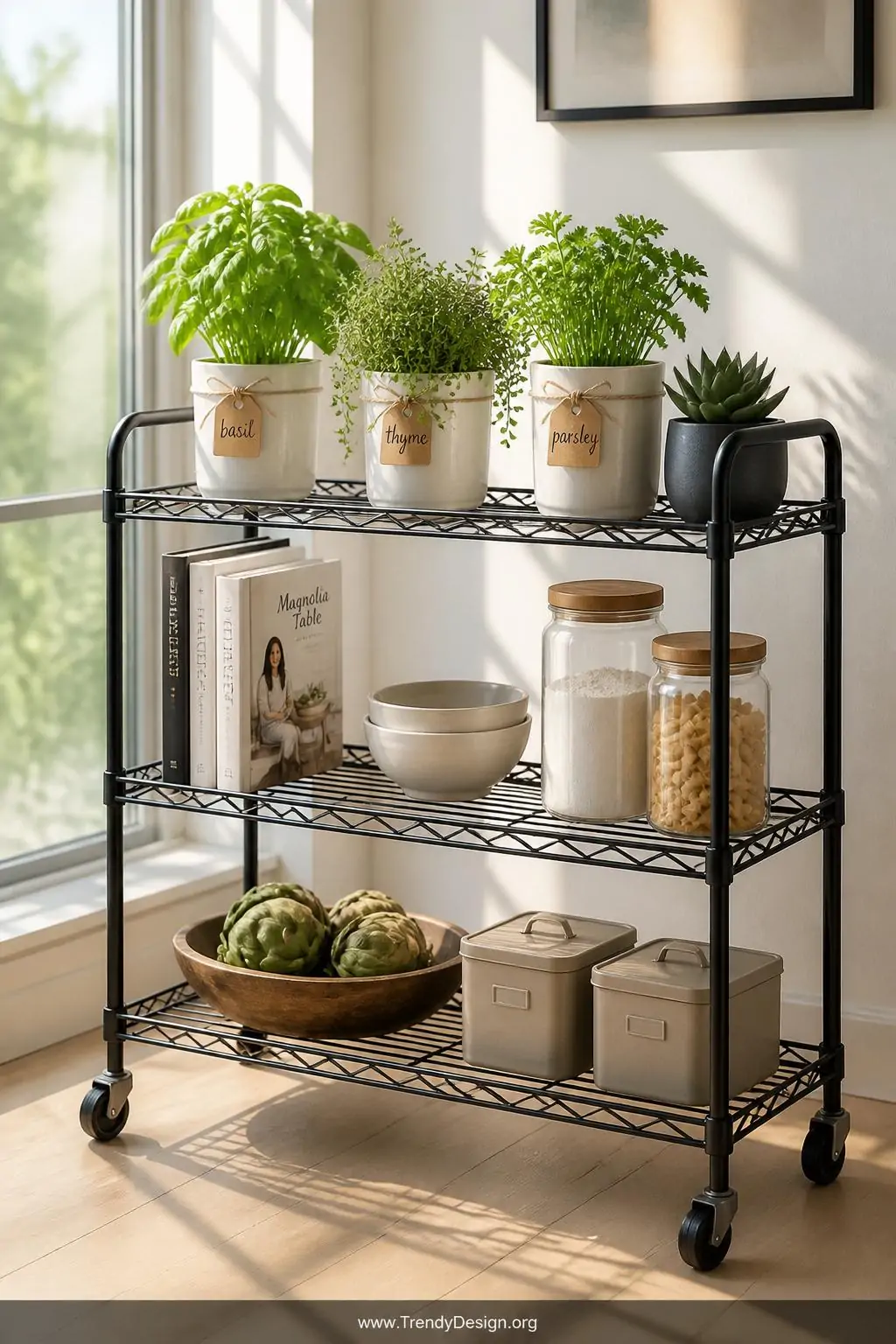 Medium shot of a sleek black metal wire-shelf rolling kitchen cart positioned on a light hardwood floor near a large sunlit w