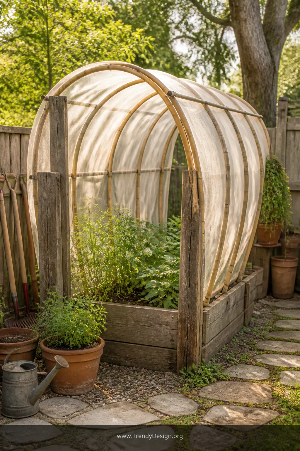 Medium wide shot of a charming repurposed materials hoop house built from natural golden bamboo poles bent into graceful arch