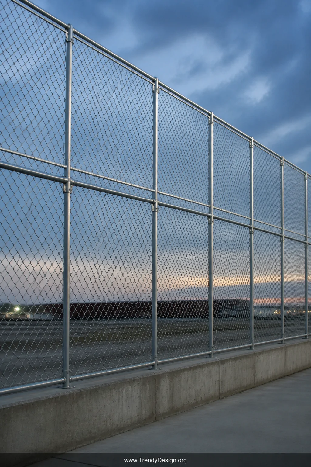 A wide shot of a robust commercial-grade chain link fence with a seamlessly extended upper section of new silver galvanized m