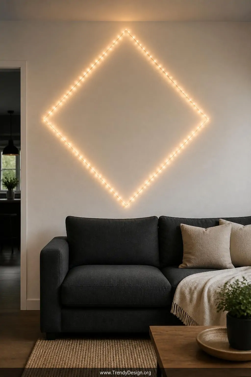 Medium shot of a flat matte white accent wall with a large geometric diamond shape outlined precisely in warm white fairy lig