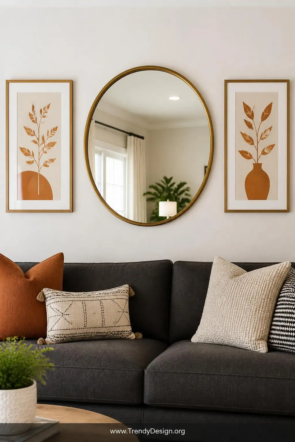 A medium-shot photorealistic interior looking directly at the wall above a dark grey sofa where a large round mirror in a war