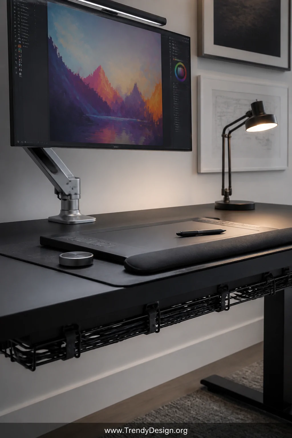 Close-up detail shot of a sleek digital art desk setup featuring a large color-accurate monitor mounted on a silver monitor a