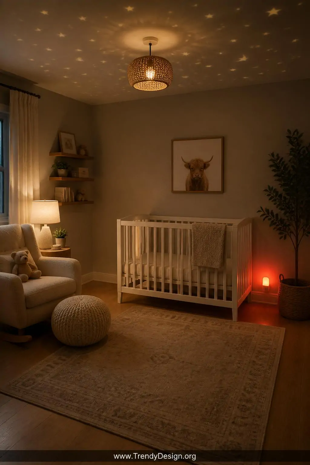 Wide photorealistic nursery shot showcasing fully layered lighting simultaneously, overhead fixture dimmed low with warm ambe