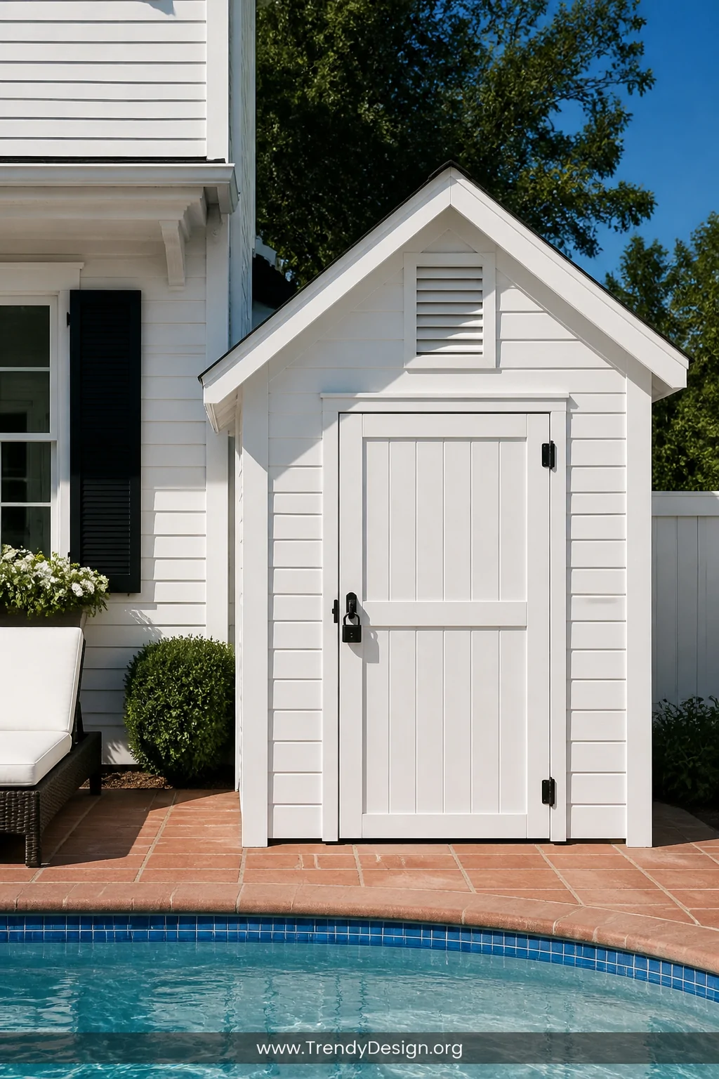 A photorealistic medium shot of a miniature pitched-roof cabana-style shed beside a pool, painted crisp white with charming t