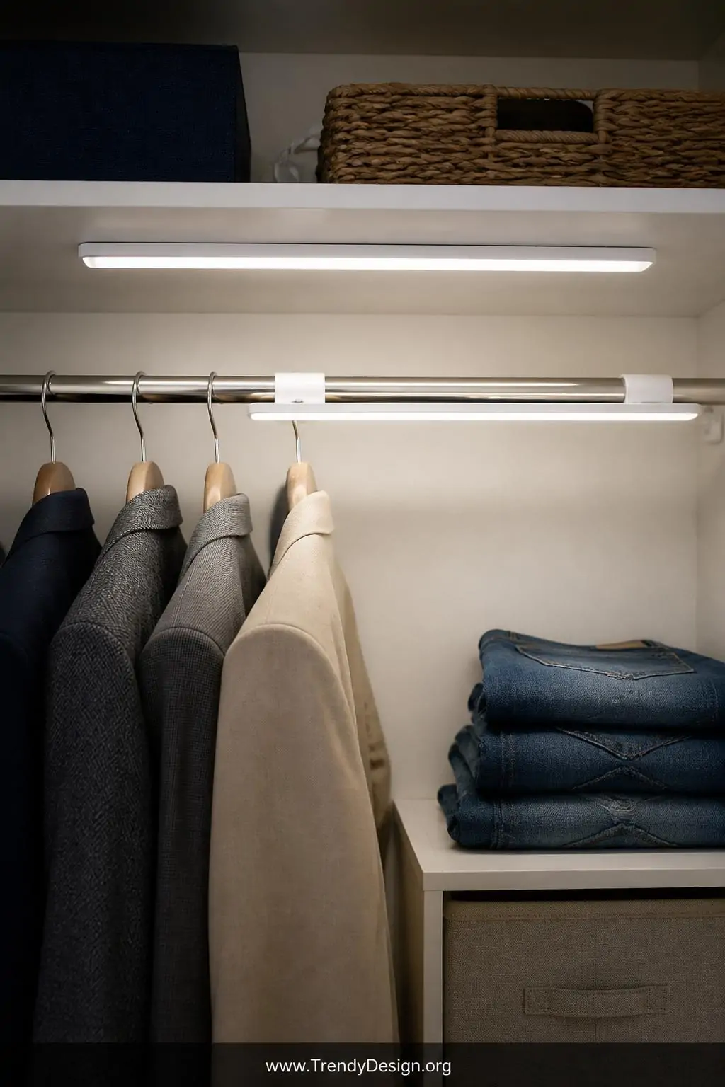 Medium shot of a rental apartment closet with slim magnetic rechargeable light bars in matte white adhered beneath a painted 