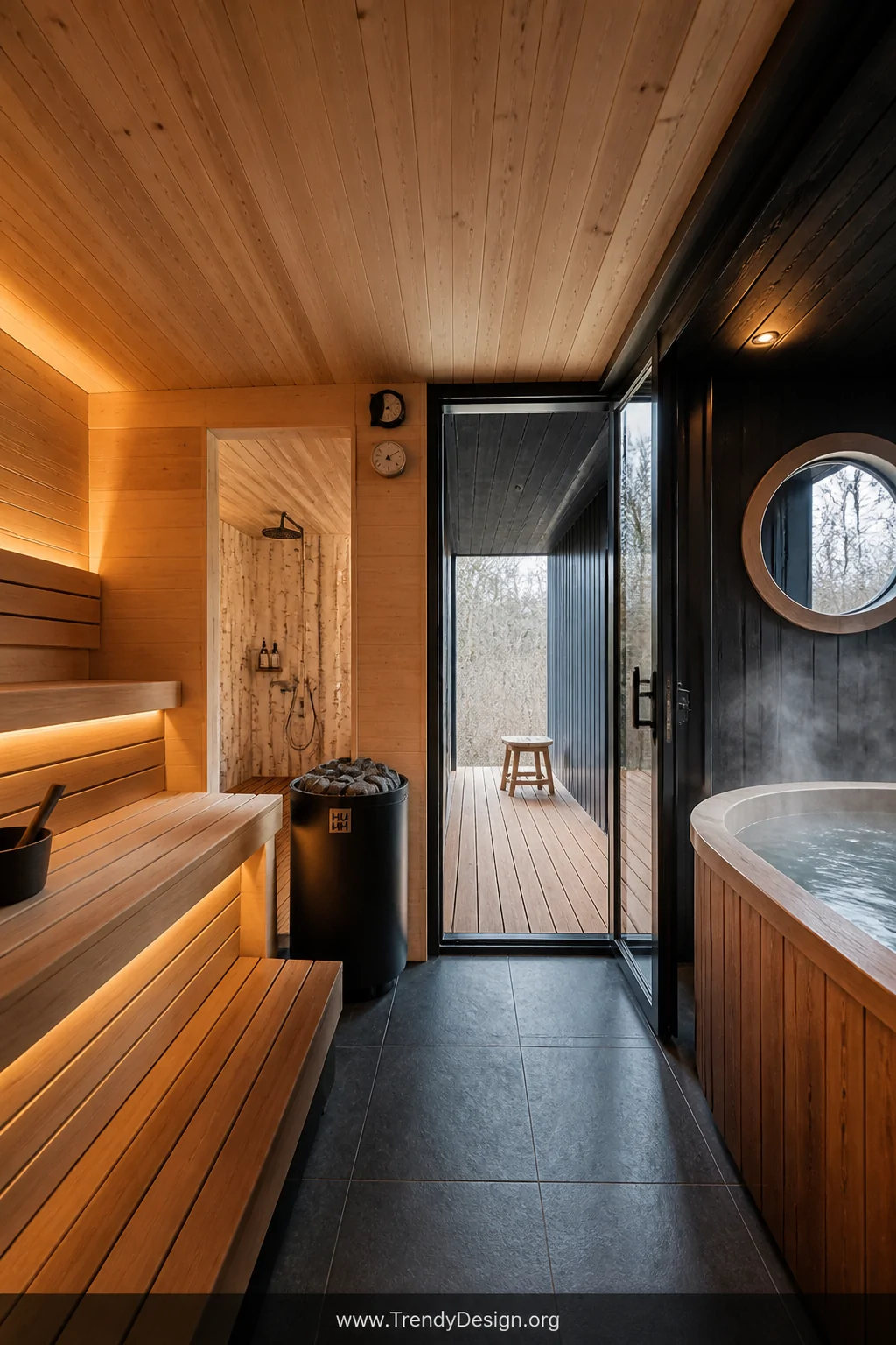 Wide photorealistic interior shot of a Scandinavian sauna-shed hybrid with moody dark smoked-oak exterior cladding visible th