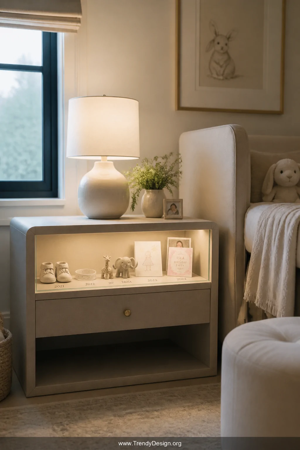 Medium shot of a softly lit nursery or child's bedroom featuring a shadow box side table with a pale linen base displaying ti