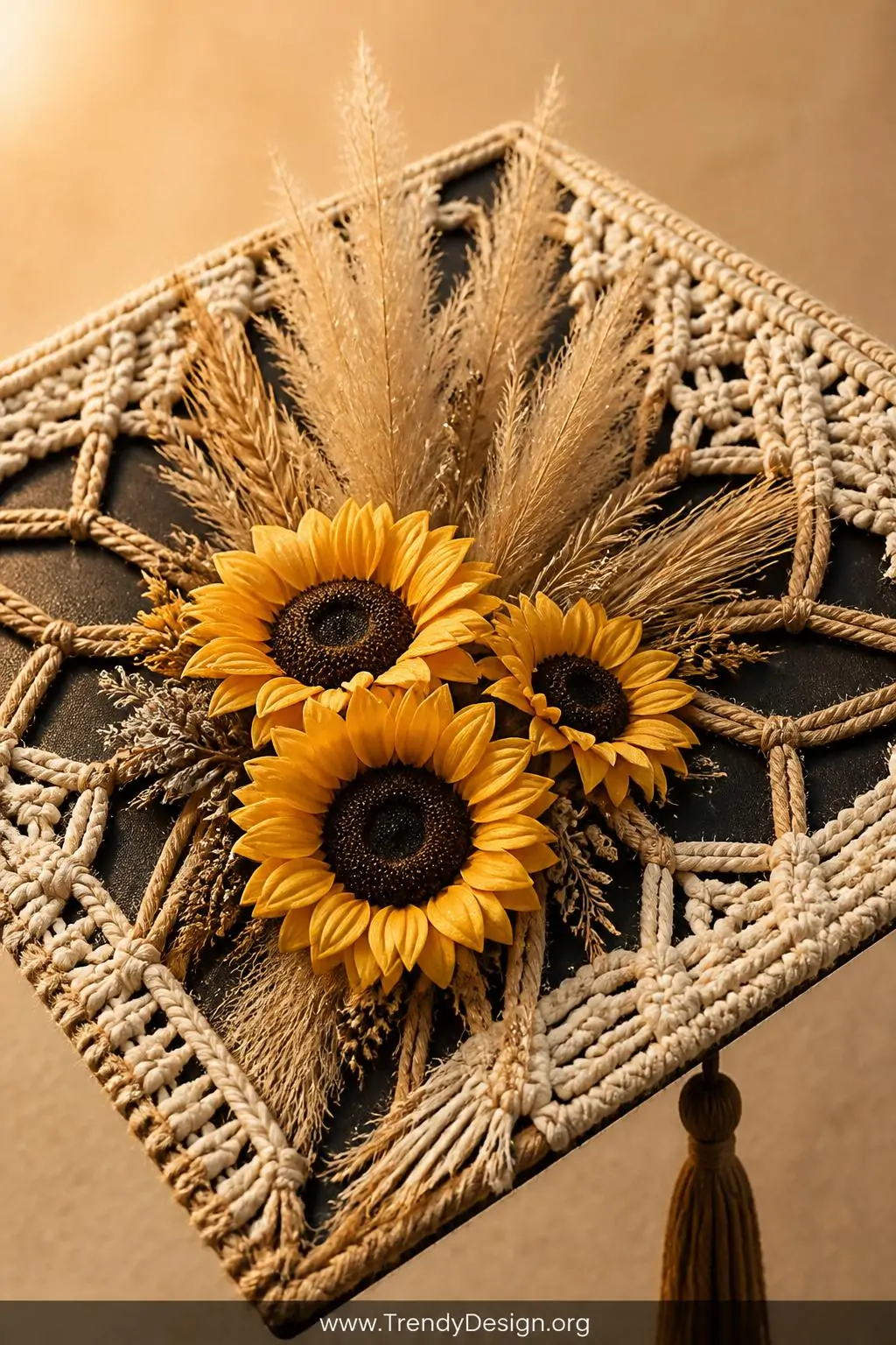 A close-up photorealistic shot of a graduation cap surface richly textured with cream macramé ribbon woven tightly along the 