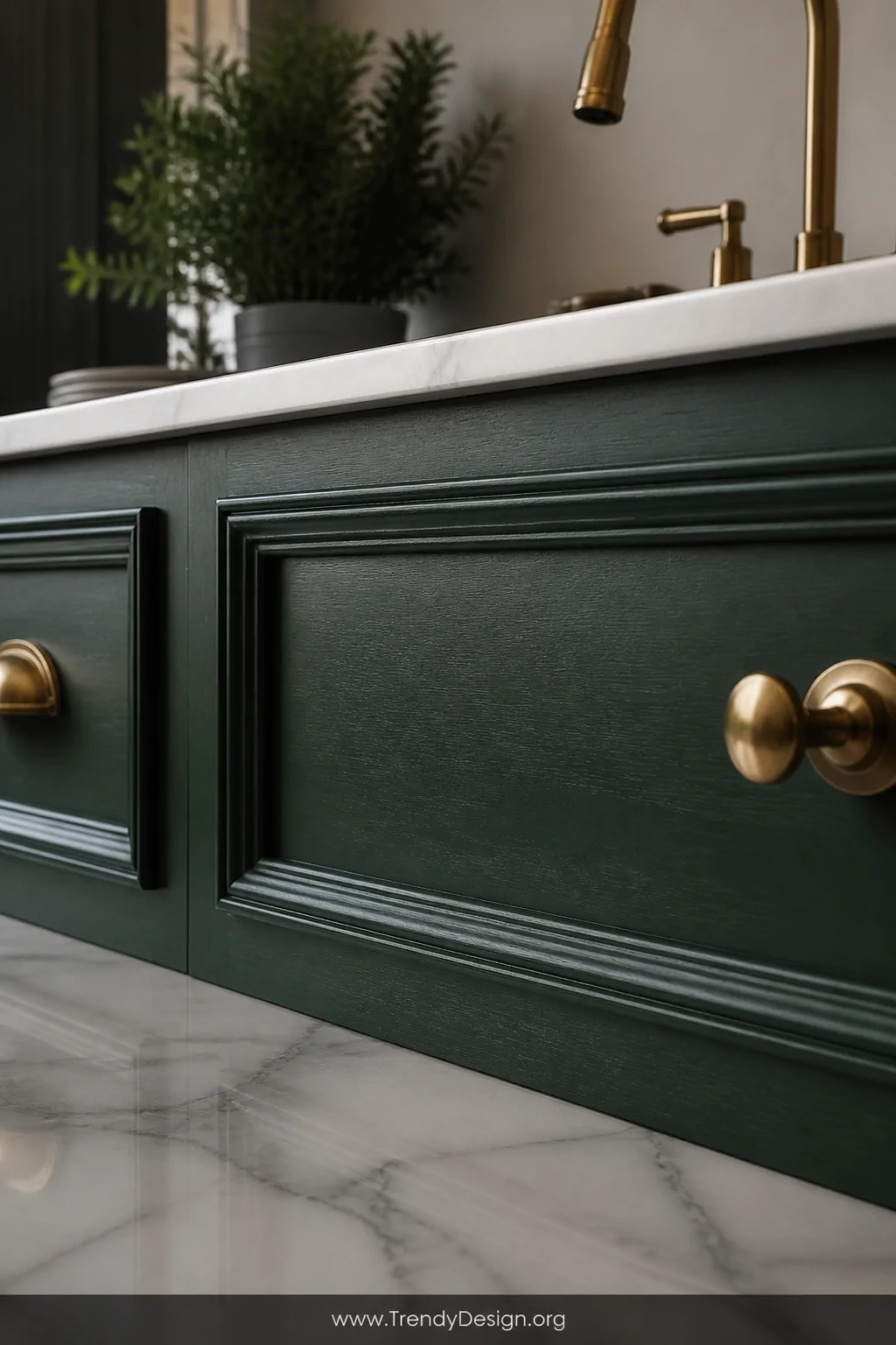 A closeup detail shot of bottle green wainscoting panels as a kitchen apron board, the deep rich green paint showing subtle b