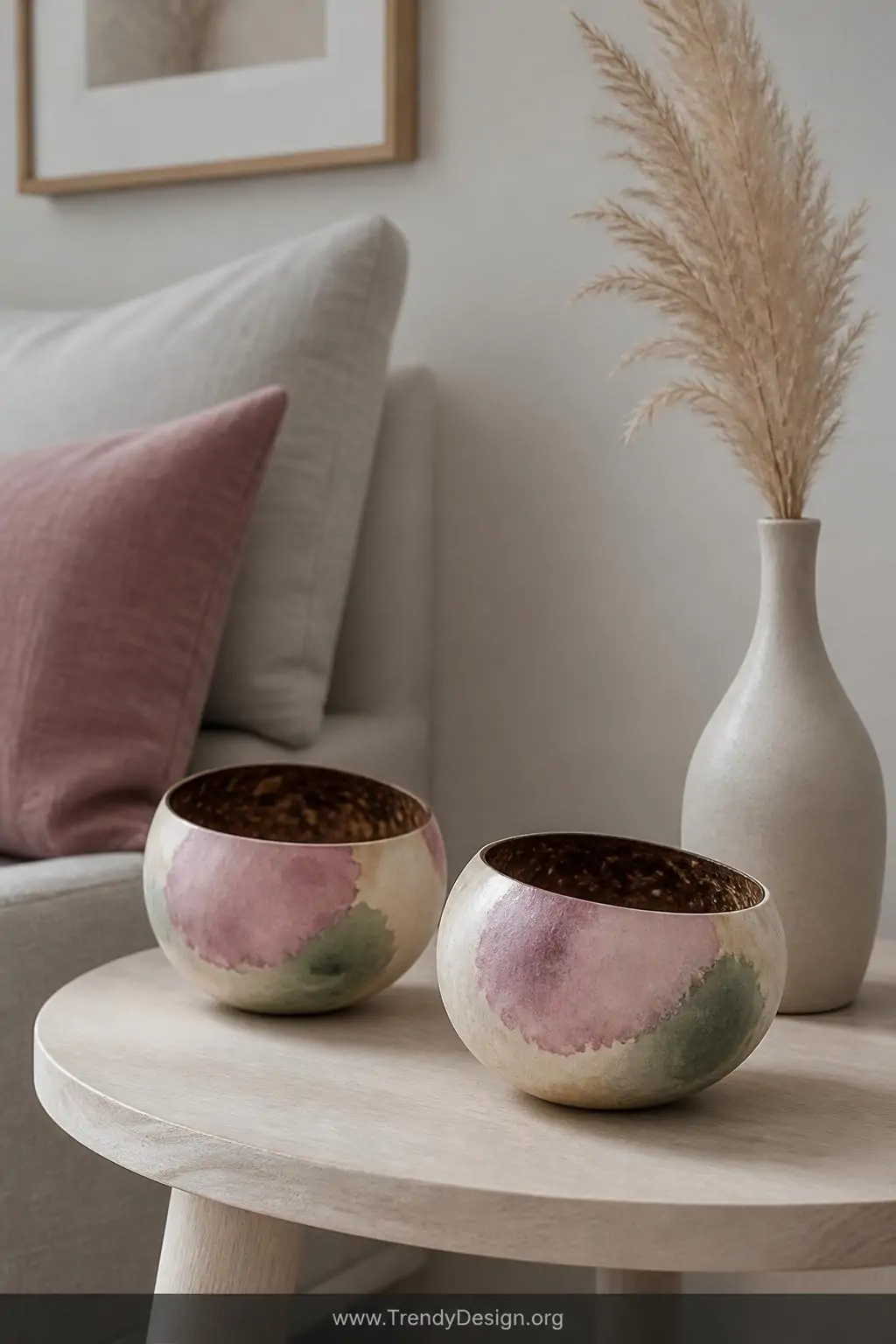 Close-up shot of a pair of abstract watercolor-style painted coconut shells displayed on a minimalist white oak side table in