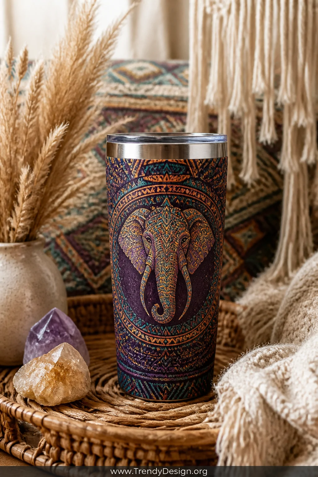 A closeup shot of a boho mandala elephant tumbler with intricate geometric patterns in deep purple, teal, and burnt orange, r
