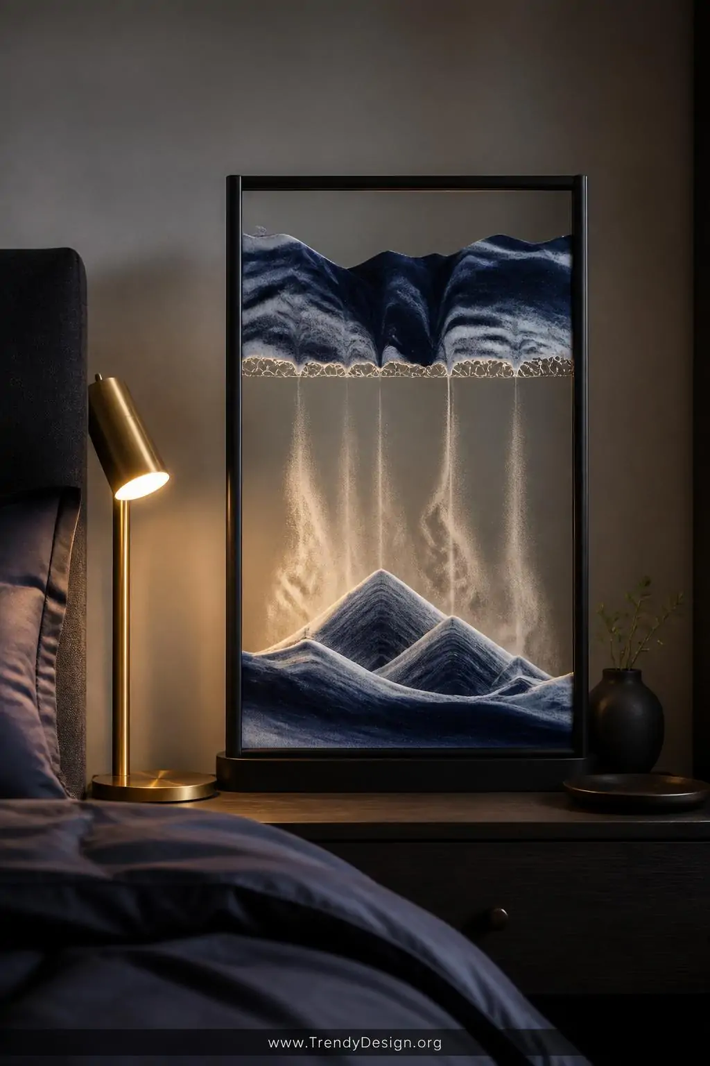 A moody bedside table close-up featuring a large vertical kinetic sand art panel in a sleek black frame, midnight blue and si