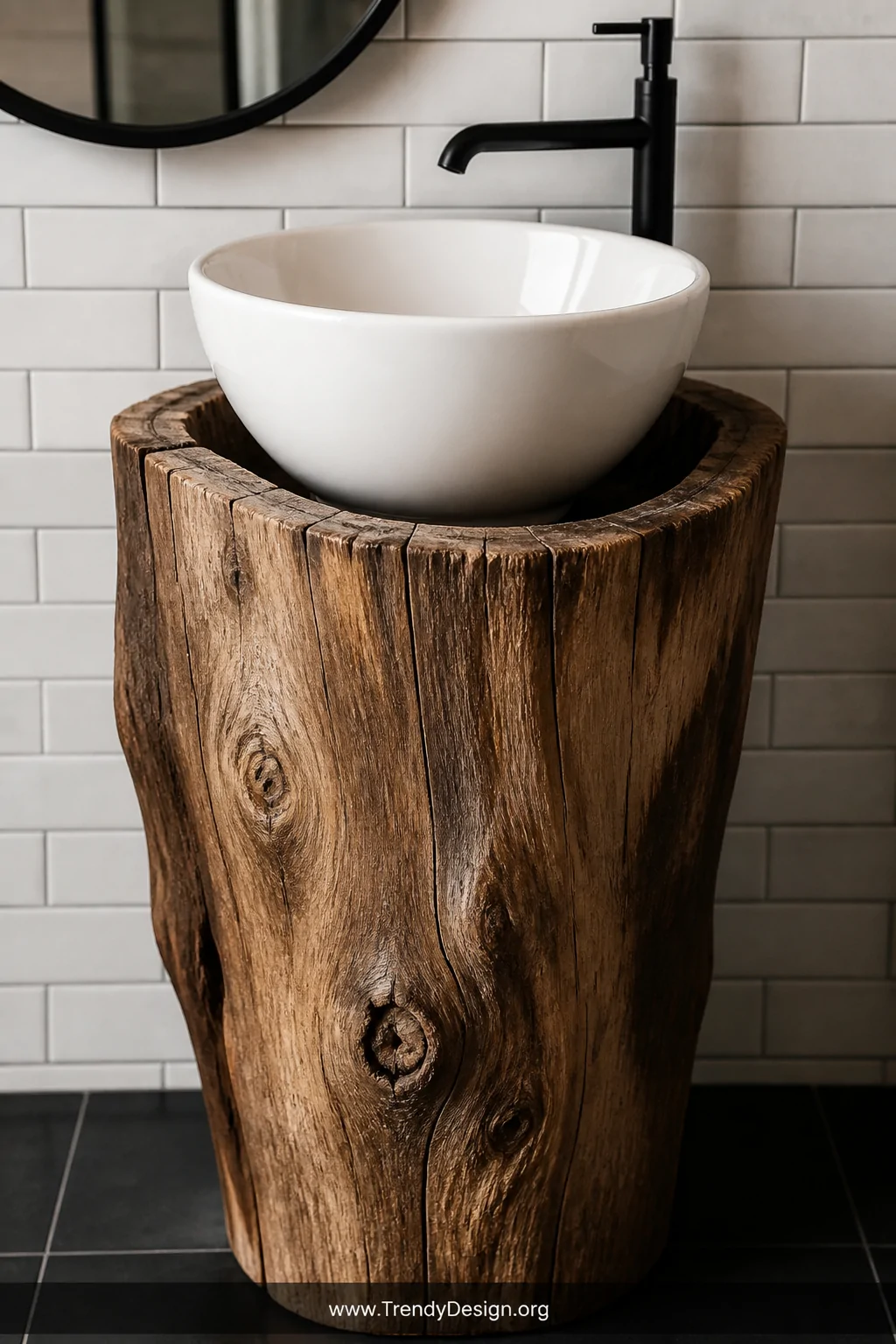 Detail-closeup photorealistic interior shot of a luxury bathroom vanity featuring a telephone pole section cut lengthwise as 