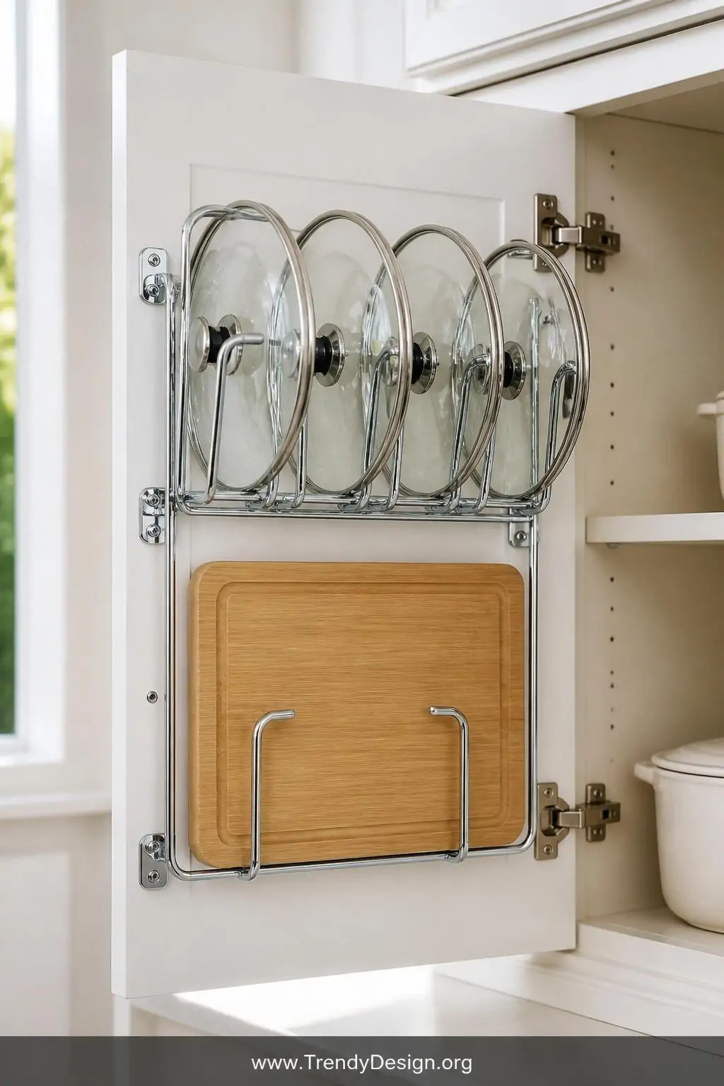 Close-up shot of the interior of a white painted cabinet door fitted with a mounted chrome over-door organizer holding four g