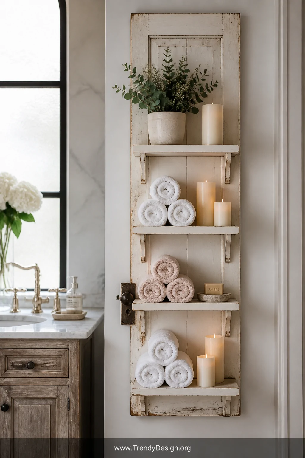A close-up styled shot of a slim vintage white door mounted beside a marble bathroom vanity, its three thin painted shelves h